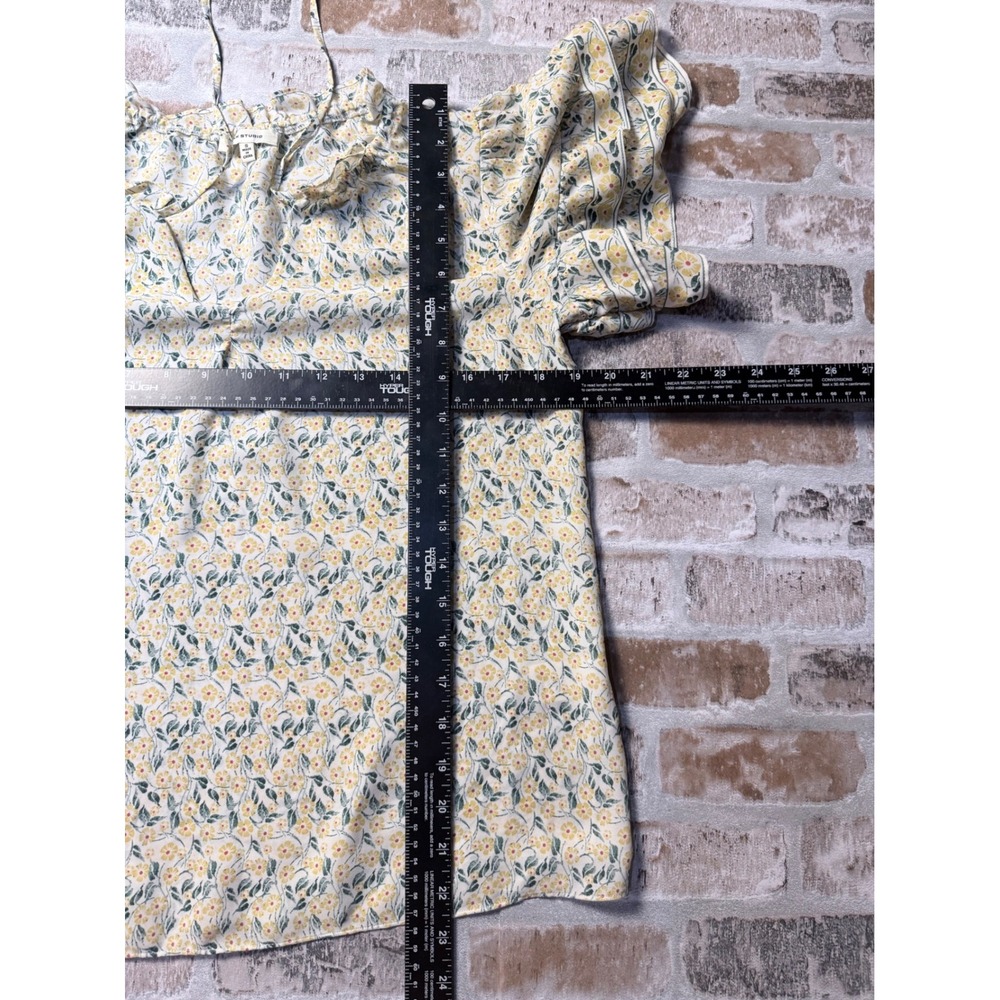 Max Studio Womens Yellow Floral Ruffle Tie Neck Flutter Sleeve Blouse Small - Picture 5 of 5